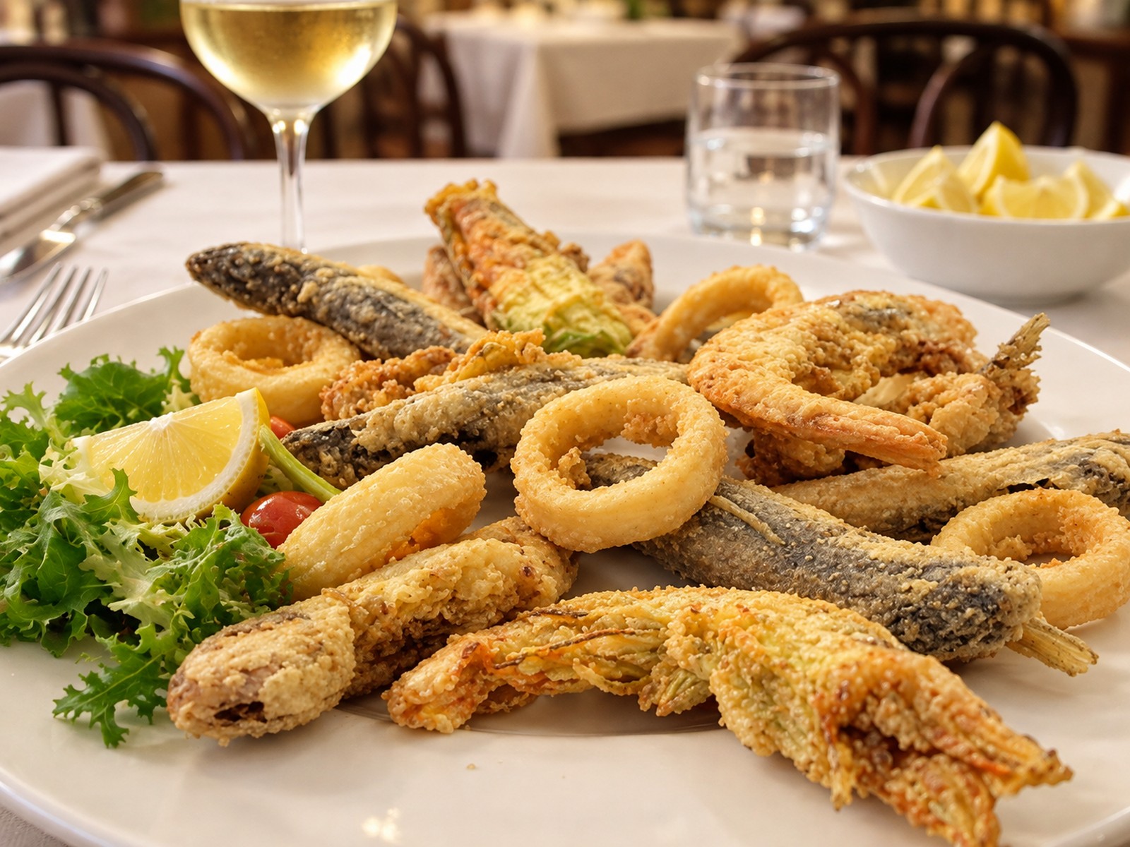 Piatto di fritto misto: calamari, alici e fiori di zucca