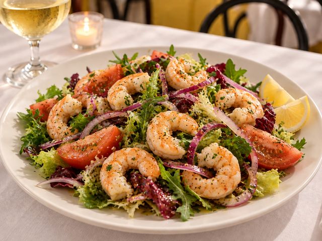 Insalata catalana con gamberi, cipolla rossa e pomodoro