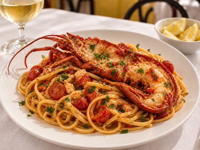 Linguine con mezzo astice e pomodorino