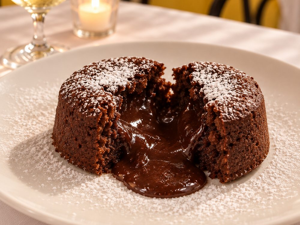 Tortino al cioccolato tagliato, con il cuore che cola